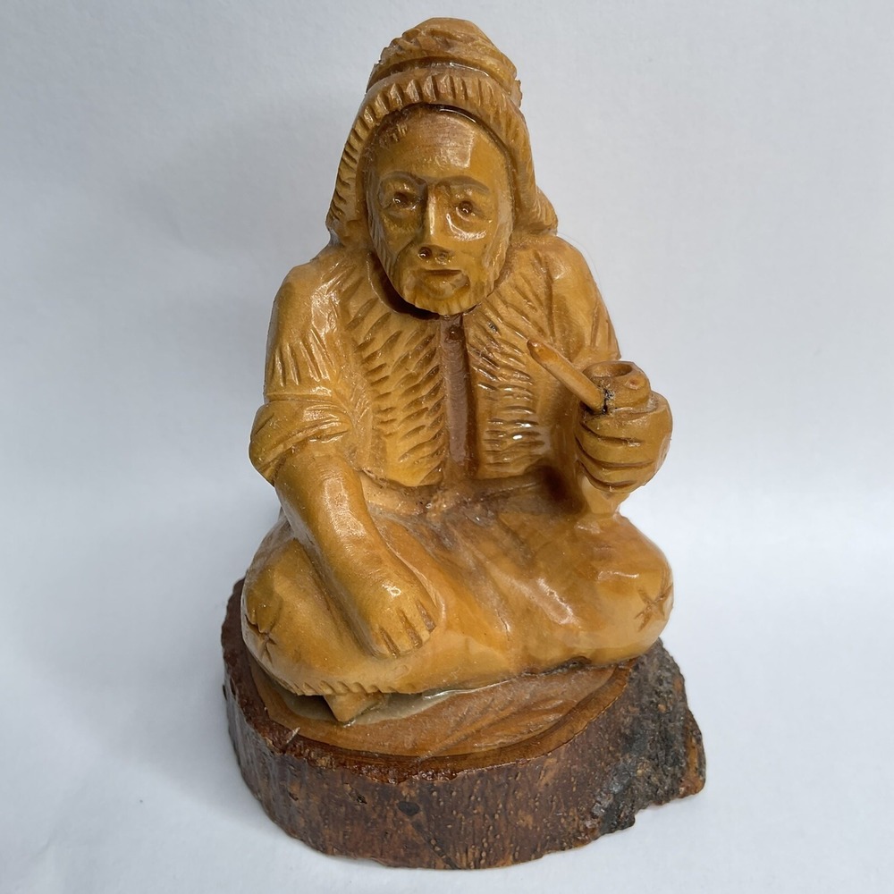 VTG Wooden Hand Carved Wise Piping Old Man Sitting On The Stand